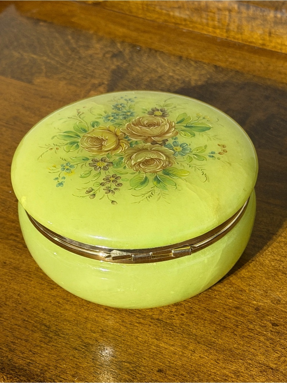 Vintage Hinged Alabaster Italian Trinket Box Green Floral Rose
